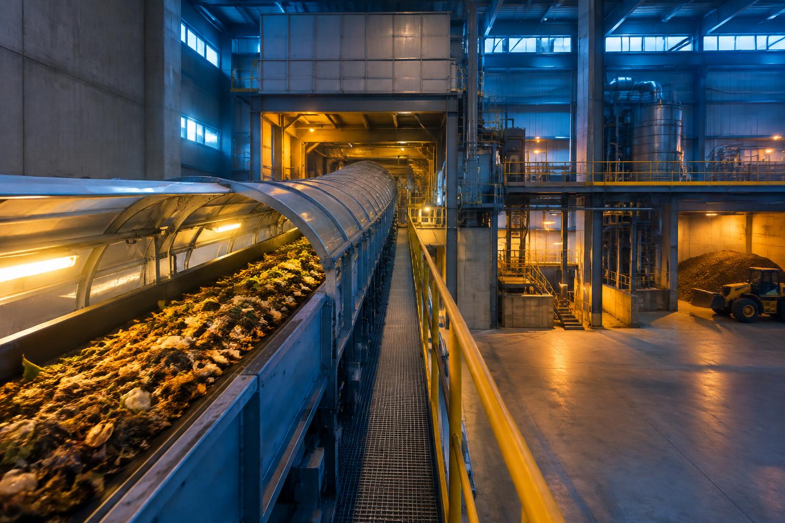 Waste moving along a conveyor inside a waste to energy plant