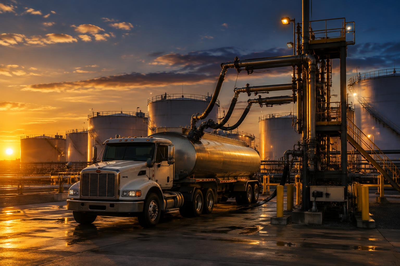 Diesel tanker truck at a fuel depot loading rack at golden hour