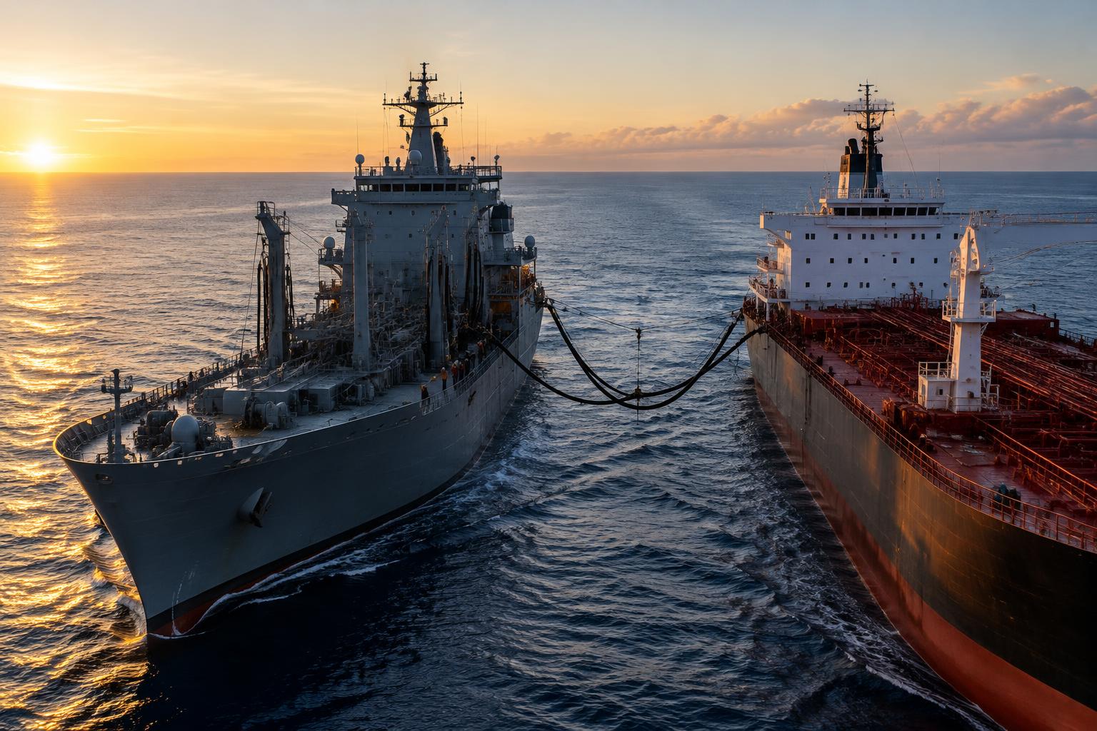 Vessel at sea being refuelled alongside a supply ship