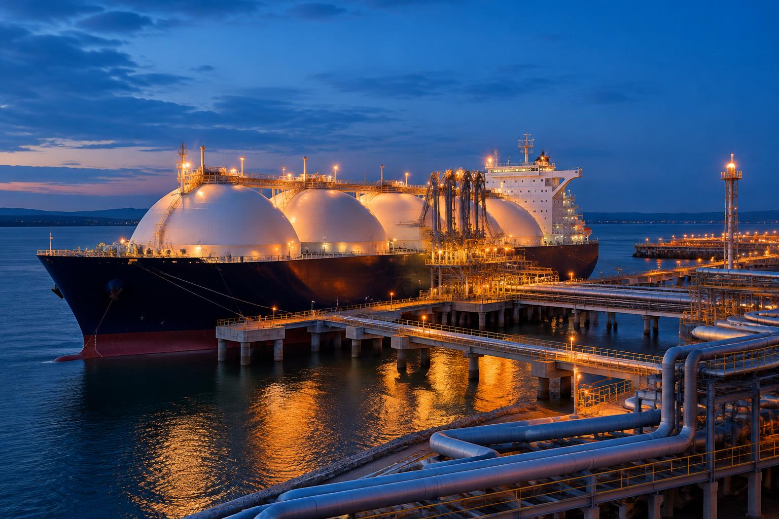 LNG carrier ship moored at a liquefied gas terminal