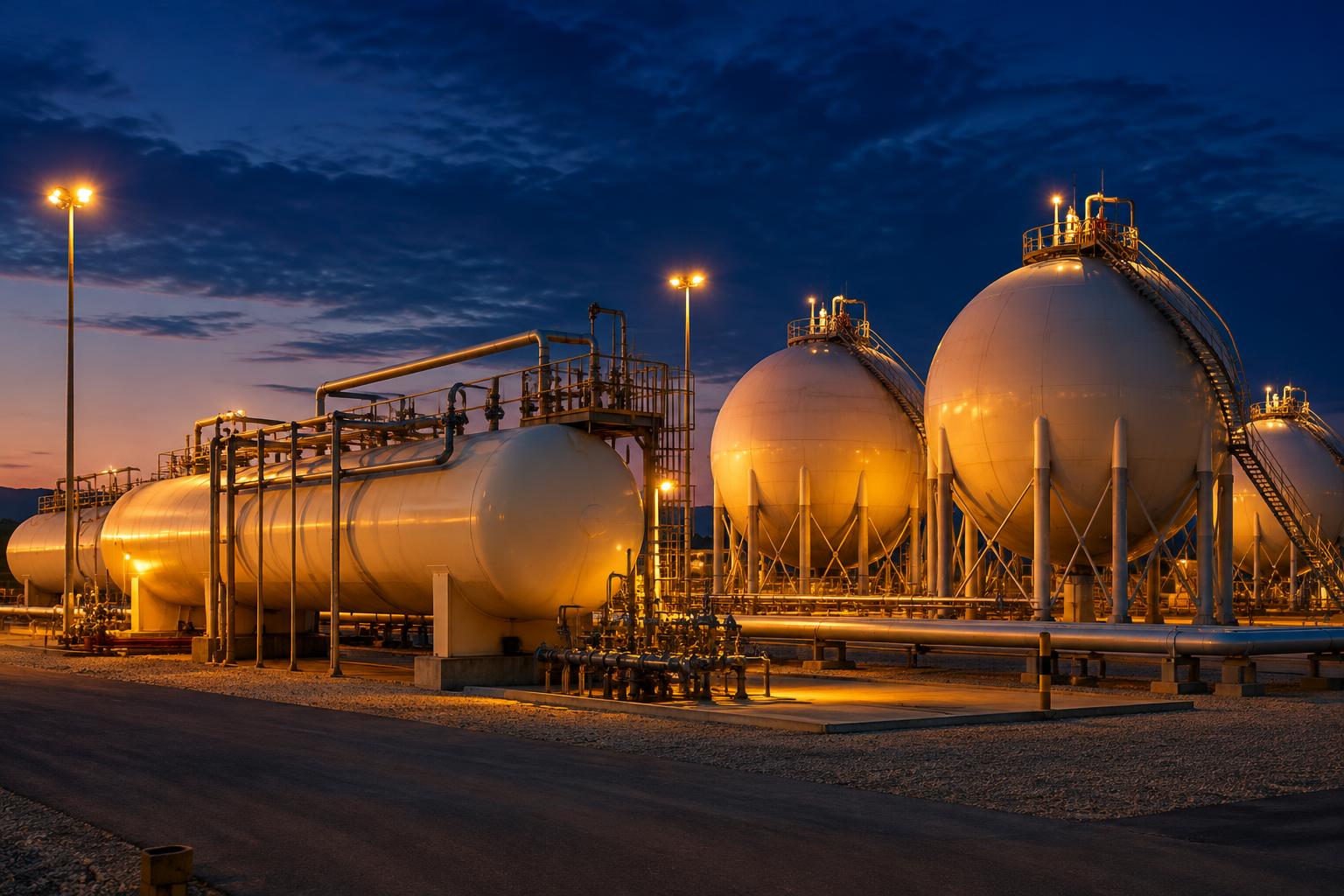 LPG storage tanks and pipework at a gas terminal at dusk