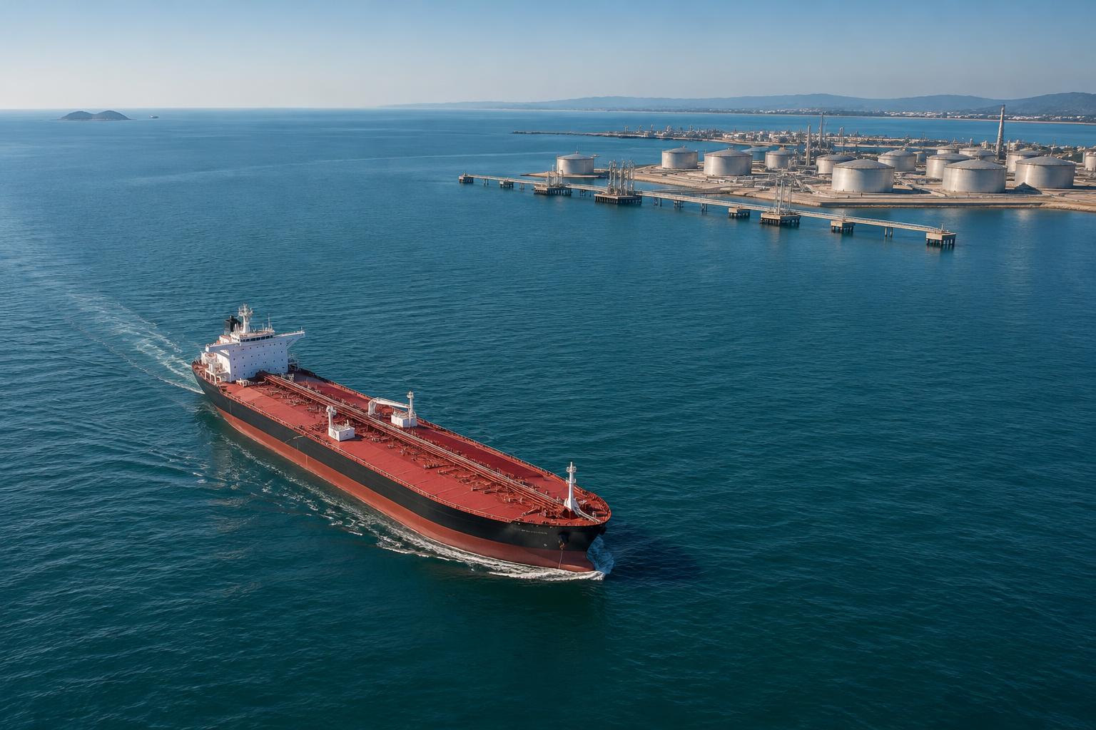 Crude oil tanker at sea near a storage terminal